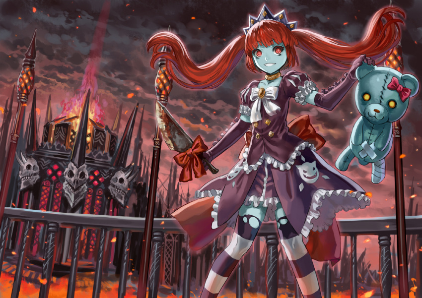 core_masters crown dark_clouds elbow_gloves fire gloves gothic_lolita jewelry knife lolita_fashion long_hair neck_ring ran'ou_(tamago_no_kimi) red_eyes redhead ribbon rinne_(core_masters) striped striped_legwear stuffed_animal stuffed_toy teddy_bear thigh-highs torn_clothes torn_thighhighs twintails