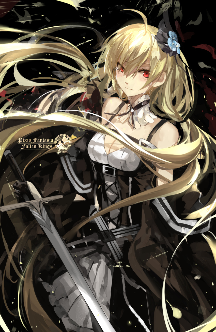 1girl absurdres blonde_hair crying crying_with_eyes_open dress flower hair_between_eyes hair_flower hair_ornament highres long_hair pixiv_fantasia pixiv_fantasia_fallen_kings red_eyes saberiii solo sword tears weapon