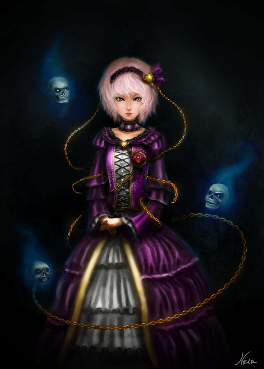 1girl black_background chain dress expressionless formal gown hairband hands_on_lap hands_together heart highres komeiji_satori long_sleeves looking_at_viewer nearesven own_hands_together pink_eyes pink_hair realistic short_hair signature simple_background skull solo third_eye touhou wavy_hair