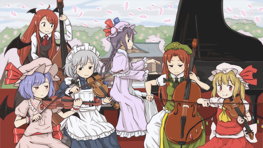 6+girls alternate_hairstyle ascot bat_wings blonde_hair blue_dress braid braiding_hair capelet cello chair chi-kun_(seedyoulater) chinese_clothes double_bass double_bun dress flandre_scarlet grand_piano green_clothes hairdressing hat hat_ornament hat_ribbon head_wings highres holding hong_meiling instrument izayoi_sakuya koakuma lavender_hair long_dress long_hair long_sleeves looking_at_another looking_back maid_apron maid_headdress multiple_girls musical_instrument outdoors pants patchouli_knowledge petals piano pink_dress pointy_ears puffy_long_sleeves puffy_sleeves purple_dress purple_hair red_dress red_eyes redhead remilia_scarlet ribbon serious short_hair short_puffy_sleeves silver_hair sitting smile smiley_face standing star tangzhuang temple touhou tree twin_braids violin wings worried wristband