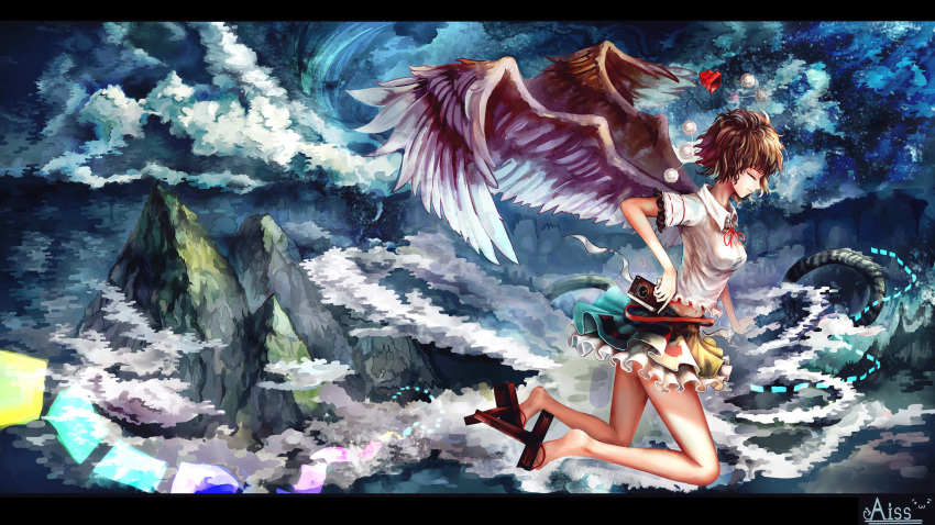 1girl above_clouds bare_legs bird_wings black_hair blouse camera closed_eyes clouds cloudy_sky expressionless flying frilled_skirt frills geta hat hat_removed headwear_removed highres kiyomasa_ren legs_folded letterboxed midriff mountain navel profile sea_serpent shameimaru_aya short_hair short_sleeves signature skirt sky solo tengu-geta tokin_hat touhou water