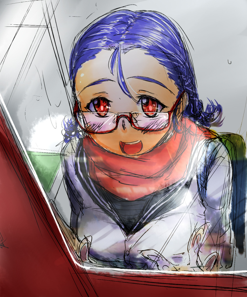 1girl :d alternate_costume alternate_hairstyle bakuya bespectacled blue_hair blush contemporary glasses happy highres jacket kneeling nagae_iku no_hat open_mouth purple_hair red_eyes red_scarf rough scarf seat smile solo touhou train train_interior window zipper