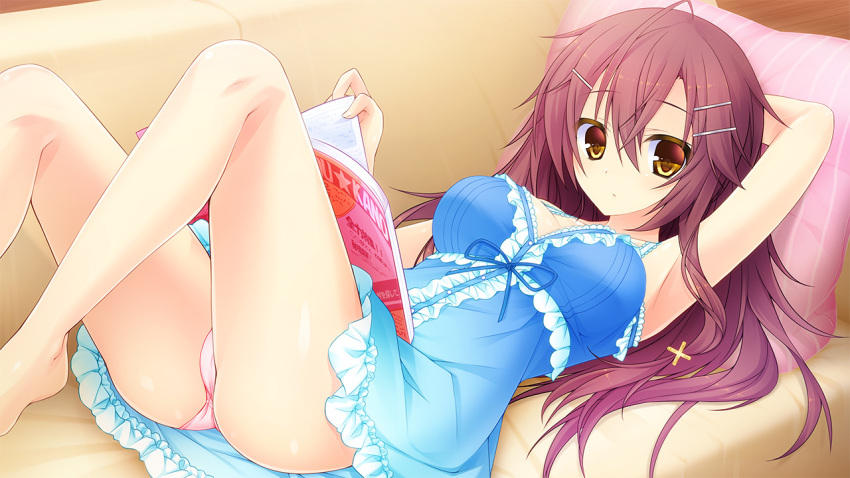 1girl arm_behind_head barefoot book breasts brown_hair character_request couch hair_ornament hairclip large_breasts legs lying nightgown on_back panties pink_panties solo underwear yellow_background