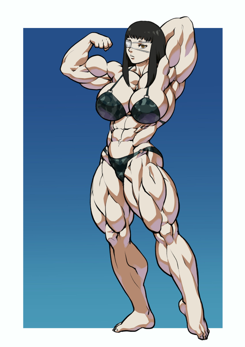 1girl abs armpits barefoot bikini black_hair blue_eyes breasts camouflage_bikini cleavage eyepatch full_body highres huge_breasts jormungand long_hair muscle navel pokkuti pose sofia_valmer solo standing swimsuit thick_thighs thighs