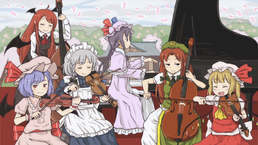 6+girls alternate_hairstyle ascot bat_wings blonde_hair blue_dress braid braiding_hair cello chair chi-kun_(seedyoulater) chinese_clothes double_bass double_bun dress flandre_scarlet grand_piano green_clothes hairdressing hat hat_ornament hat_ribbon head_wings highres holding hong_meiling instrument izayoi_sakuya koakuma lavender_hair long_dress long_sleeves looking_at_another maid_apron maid_headdress multiple_girls musical_instrument outdoors pants patchouli_knowledge petals piano pink_dress purple_dress purple_hair red_dress redhead remilia_scarlet ribbon short_puffy_sleeves silver_hair sitting smiley_face standing star tangzhuang temple touhou tree twin_braids violin wings
