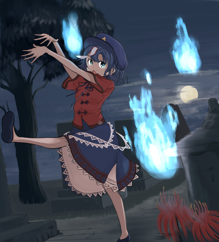 absurdres beret blue_eyes blue_hair clouds flower ghost graveyard hat highres hoshifune jiangshi looking_at_viewer miyako_yoshika moon night ofuda open_mouth outstretched_arms shirt short_hair short_sleeves skirt spider_lily touhou tree wide_sleeves zombie_pose