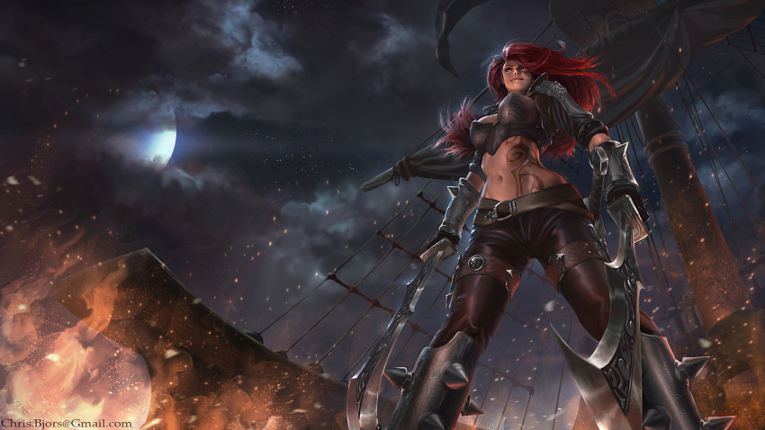 artist_name breasts chris_bjors clouds fire gloves highres katarina_du_couteau league_of_legends midriff moon navel night redhead scar smile sword tattoo tight_pants weapon