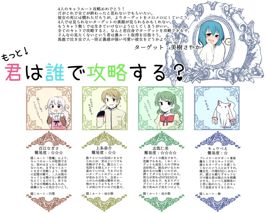 1boy 3girls blue_hair cape casual child dress green_hair grey_hair heart kamijou_kyousuke kyubey magical_girl mahou_shoujo_madoka_magica mahou_shoujo_madoka_magica_movie miki_sayaka mizuki_(flowerlanguage) momoe_nagisa multiple_girls polka_dot polka_dot_dress saliva school_uniform shizuki_hitomi smile spoken_heart two_side_up white_hair