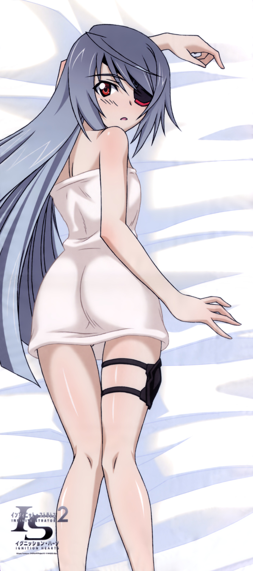 1girl absurdres ass bed_sheet blush dakimakura eyepatch highres infinite_stratos laura_bodewig logo long_hair looking_at_viewer lying naked_towel official_art on_stomach red_eyes shiny shiny_skin silver_hair solo thigh_strap towel