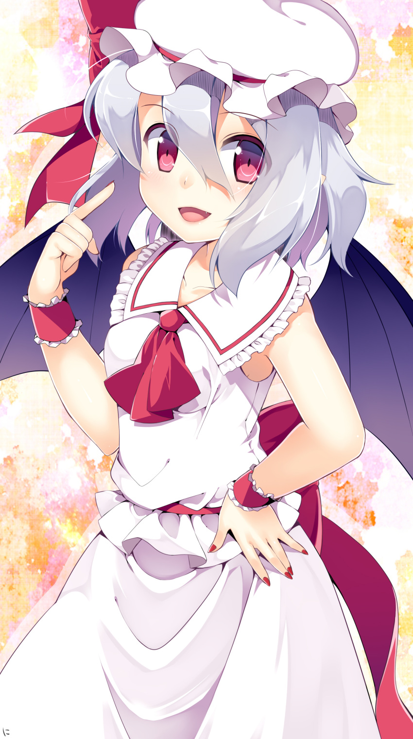 1girl absurdres ascot bat_wings blue_hair dress fang hand_on_hip hat hat_ribbon highres looking_at_viewer mob_cap niwashi_(yuyu) open_mouth pink_eyes pointing pointing_at_self red_nails remilia_scarlet ribbon sash sleeveless sleeveless_dress smile solo touhou white_dress wings wrist_cuffs