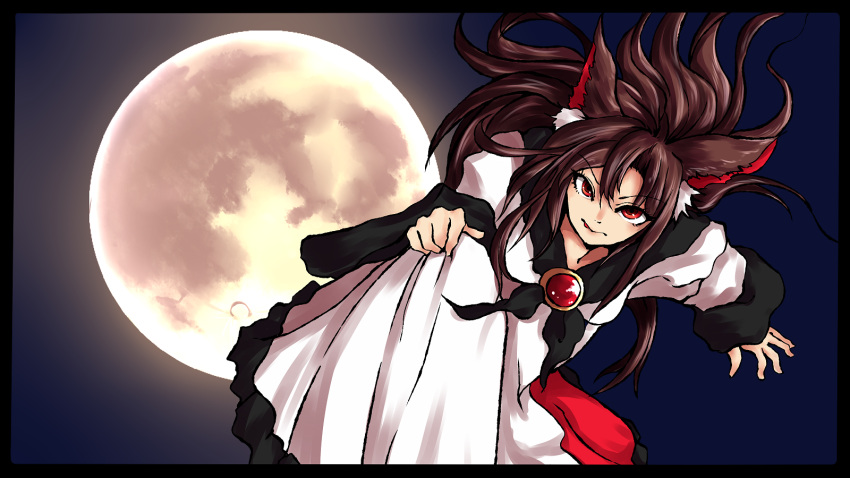 animal_ears brown_hair dress full_moon highres imaizumi_kagerou jewelry long_sleeves moon red_eyes toluda tongue tongue_out touhou wolf_ears