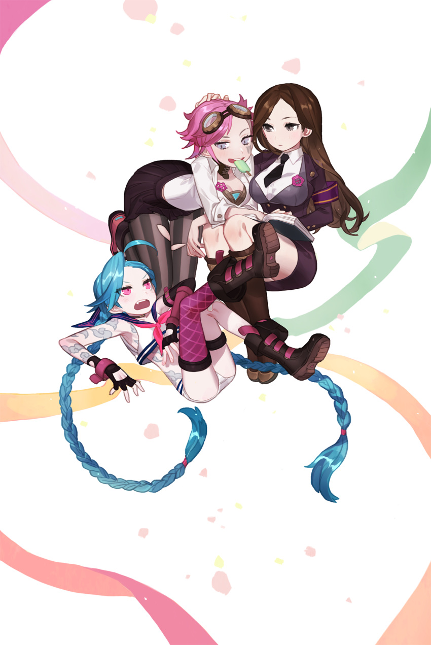 3girls alternate_costume black_skirt blue_hair book boots braid brown_eyes brown_hair caitlyn_(league_of_legends) fingerless_gloves food frown gloves goggles goggles_on_head grey_eyes gwayo highres ice_cream jinx_(league_of_legends) league_of_legends long_hair long_sleeves multiple_girls open_mouth pantyhose pink_eyes pink_hair shirt short_hair skirt smile tattoo tied twin_braids vi_(league_of_legends) white_shirt