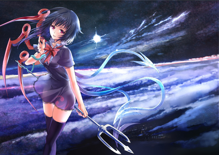 1girl asymmetrical_wings black_dress black_hair black_legwear bow clouds dress highres holding houjuu_nue lace-trimmed_dress moon night night_sky parted_lips polearm red_eyes see-through short_hair skindentation sky skybean snake solo star_(sky) starry_sky thigh-highs touhou trident weapon wings zettai_ryouiki