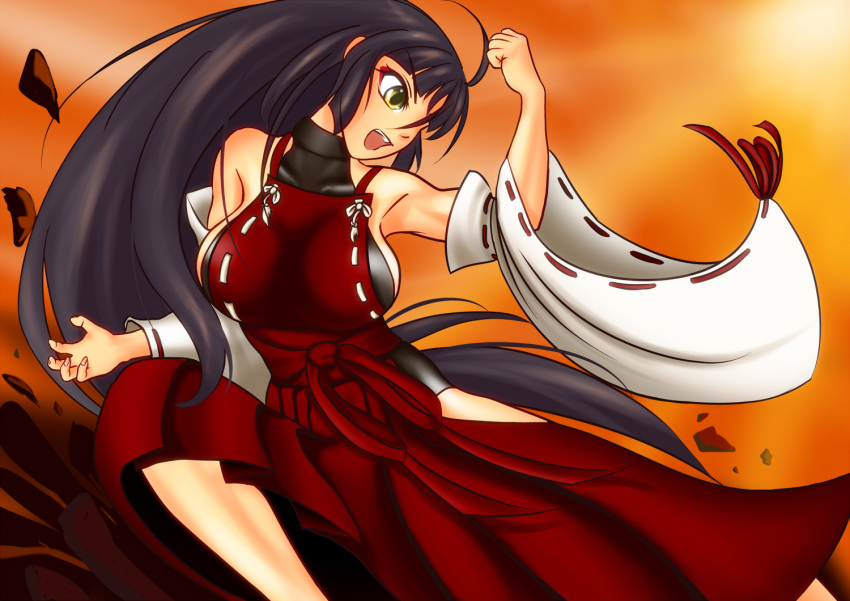 1girl armpits bangs black_hair blunt_bangs breasts detached_sleeves evening flying_kick japanese_clothes jyeri kicking large_breasts leotard long_hair m.u.g.e.n nontraditional_miko original sendai_hakurei_no_miko sideboob solo straight_hair touhou very_long_hair wide_sleeves yellow_eyes