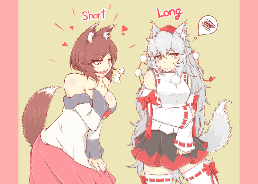 2girls alternate_hair_length alternate_hairstyle animal_ears bare_shoulders blush_stickers breasts brown_hair cube85 english fingernails hat heart imaizumi_kagerou inubashiri_momiji lace lace-trimmed_thighhighs large_breasts long_fingernails long_hair multiple_girls open_mouth pout red_eyes sharp_fingernails silver_hair skirt smile tail thigh-highs tokin_hat touhou very_long_hair white_legwear wolf_ears wolf_tail yellow_eyes