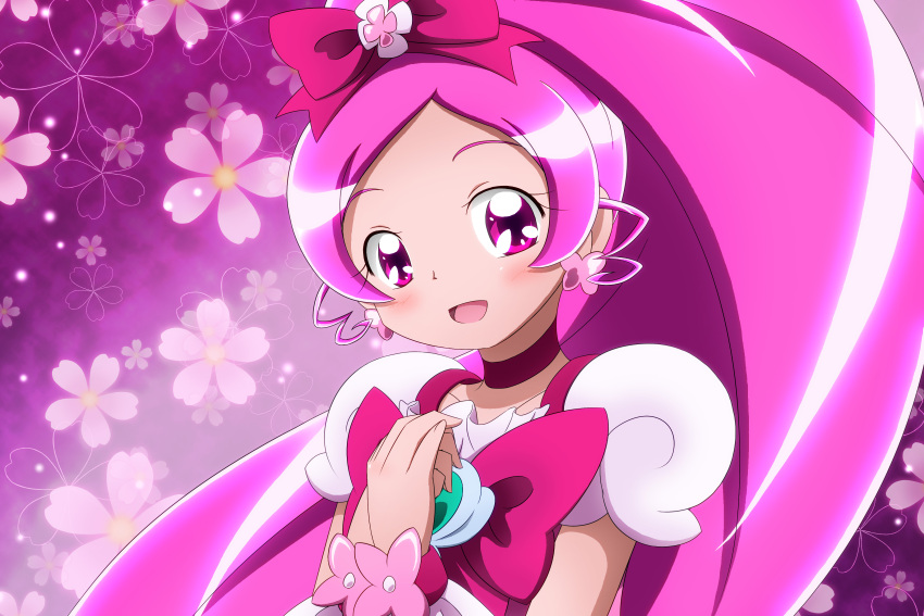 1girl absurdres blush choker cure_blossom dress earrings eyelashes hair_ornament hair_ribbon hanasaki_tsubomi happy heartcatch_precure! highres jewelry kiyu_(doremi's_party) long_hair looking_at_viewer magical_girl open_mouth pink pink_background pink_dress pink_eyes pink_hair ponytail precure puffy_sleeves ribbon smile solo wrist_cuffs
