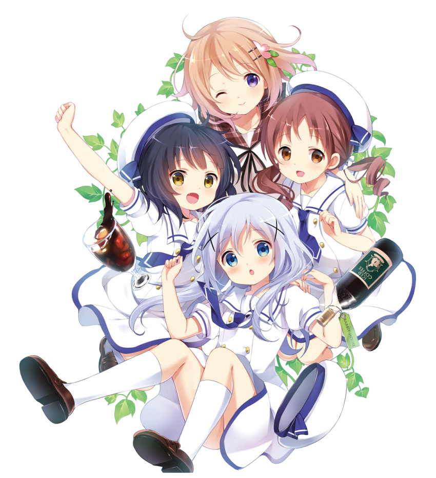 4girls :d :o arm_up beret black_hair blue_eyes blue_hair blush bottle brown_eyes brown_hair character_request clenched_hand collarbone drill_hair english fang flower glass gochuumon_wa_usagi_desuka? hair_flower hair_ornament hairclip hand_on_shoulder hat highres hoto_kokoa ice_cube iced_coffee joukawa_maya kafuu_chino kneehighs koi_(koisan) loafers long_hair looking_at_viewer multiple_girls necktie open_mouth ribbon school_uniform scrunchie serafuku shirt shoes short_sleeves simple_background skirt smile tag twin_drills twintails vines violet_eyes white_background white_legwear wink yellow_eyes
