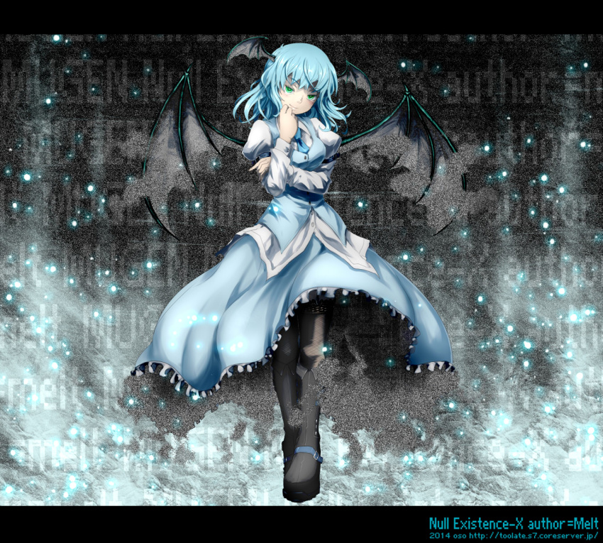 1girl alternate_color alternate_eye_color alternate_hair_color bat_wings black_legwear blue_hair boots green_eyes head_wings highres juliet_sleeves knee_boots koakuma letterboxed light_particles long_sleeves looking_at_viewer m.u.g.e.n necktie null_existence-x oso_(toolate) pantyhose puffy_sleeves shirt skirt skirt_set smile solo touhou vest walking wings