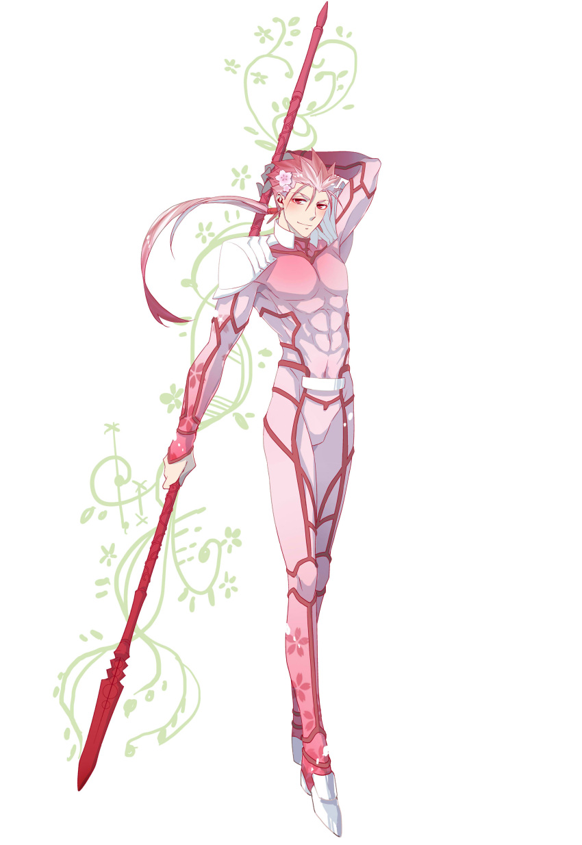 1boy absurdres adapted_costume cherry_blossoms fate/stay_night fate_(series) gae_bolg highres lancer long_hair pink_eyes pink_hair polearm ponytail solo spear toura_(kematomeatakku) weapon