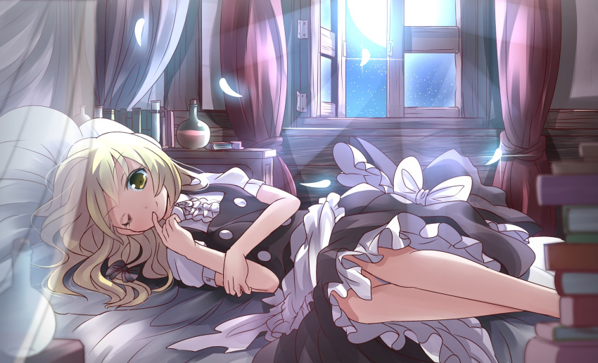 1girl apron black_dress blonde_hair book_stack curtains dress erlenmeyer_flask full_moon hat hat_removed headwear_removed highres kirisame_marisa looking_at_viewer lying moon night on_side open_window petals pillow puffy_sleeves risutaru short_sleeves sky smile solo star_(sky) starry_sky test_tube touhou waist_apron wink witch_hat yellow_eyes