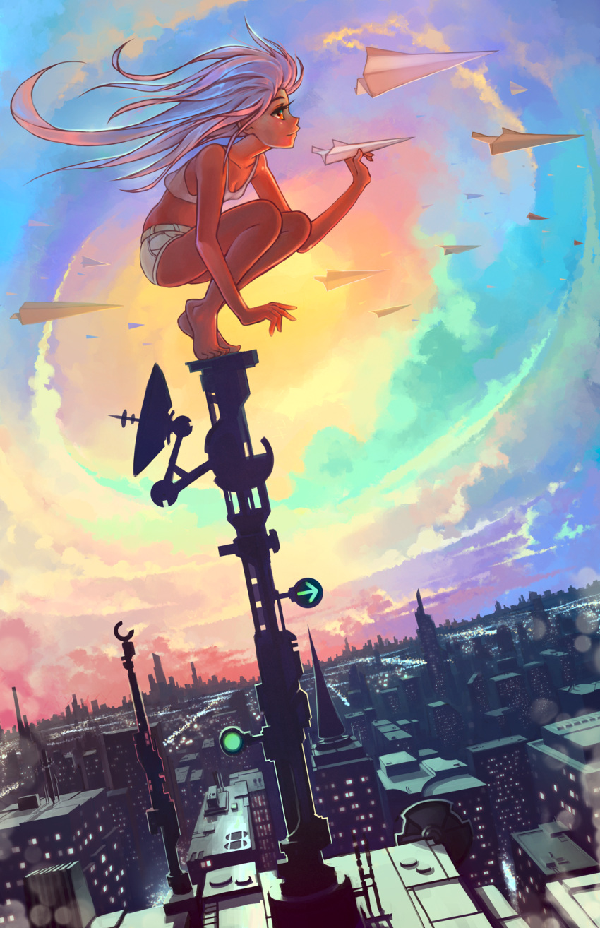 1girl cityscape crop_top dutch_angle highres long_hair on_pole original paper_airplane pink_hair rtil science_fiction short_shorts shorts sky solo squatting tank_top tower