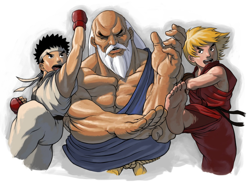 3boys andrew_parish_johnston bald barefoot beard black_hair blocking blonde_hair eyebrows facial_hair gouken ken_masters kicking kote laughing long_hair multiple_boys muscle mustache ryuu_(street_fighter) short_hair shouryuuken street_fighter tatsumaki_senpuukyaku thick_eyebrows uppercut white_hair younger