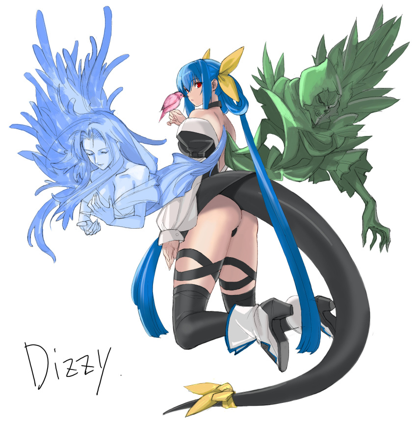 1girl absurdres ass asymmetrical_wings back bare_shoulders bird_on_hand black_legwear blue_hair character_name choker detached_sleeves dizzy from_behind guilty_gear hair_ribbon hair_rings highres kimuchi long_hair necro red_eyes ribbon tail tail_ribbon thigh-highs twintails undine_(guilty_gear) very_long_hair wings