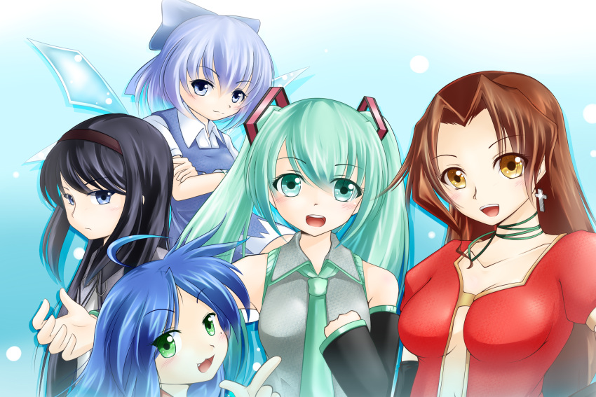 5girls ahoge akemi_homura aqua_eyes aqua_hair black_hair blue_eyes blue_hair brown_hair cirno clenched_hand cross_earrings crossed_arms crossover detached_sleeves dress earrings eclair fang frown green_eyes grey_eyes hairband hand_on_own_chest hatsune_miku highres izumi_konata jewelry kiddy_grade long_hair looking_at_viewer lucky_star mahou_shoujo_madoka_magica multiple_girls necktie open_clothes open_mouth open_shirt payot ribbon short_hair short_sleeves smile touhou twintails vocaloid w.wing_(wheelwing708) wings yellow_eyes