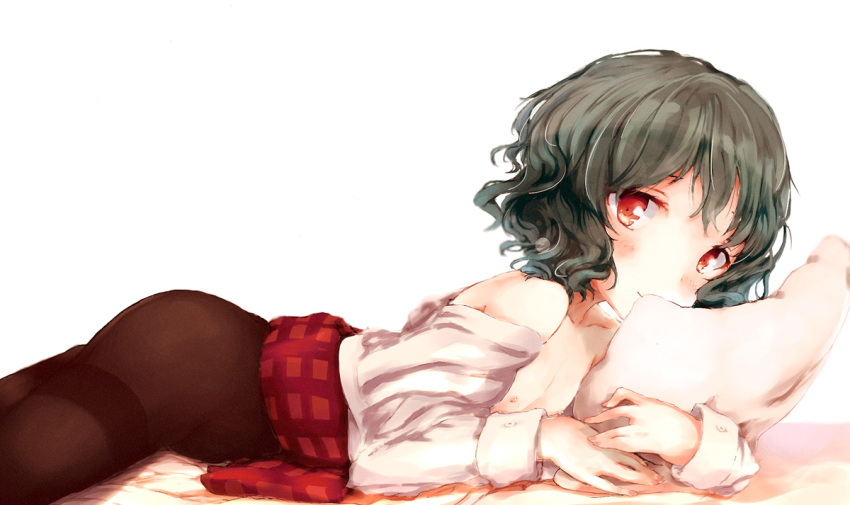 1girl ass bare_shoulders black_legwear blush flan_(harry_mackenzie) green_hair kazami_yuuka long_sleeves looking_at_viewer looking_back lying off_shoulder on_stomach pantyhose pillow plaid red_eyes shirt_pull short_hair simple_background skirt skirt_lift smile solo thighband_pantyhose touhou white_background