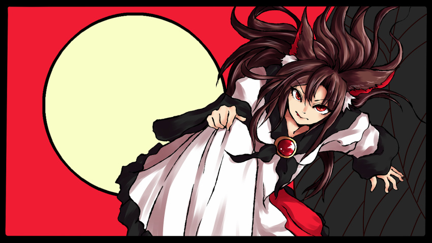 animal_ears brown_hair dress highres imaizumi_kagerou jewelry long_sleeves red_eyes toluda tongue tongue_out touhou wolf_ears
