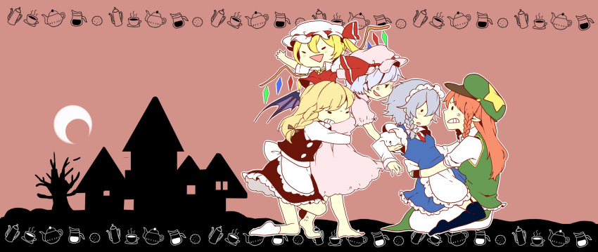 5girls anger_vein arms_up ascot bat_wings beret blonde_hair blush braid chinese_clothes clenched_teeth clover_(lapis_lazure) cup dress flandre_scarlet grabbing grabbing_from_behind green_clothes hair_ribbon hat highres hong_meiling hug indian_style izayoi_sakuya kirisame_marisa long_hair long_sleeves looking_at_another mansion multiple_girls pants pink_dress pointy_ears red_dress red_eyes remilia_scarlet ribbon scarlet_devil_mansion short_hair short_sleeves side_braid side_ponytail side_slit silver_hair sitting smiley_face smirk star tangzhuang teacup teapot thigh-highs touhou tree tress_ribbon waist_hug wings wristband