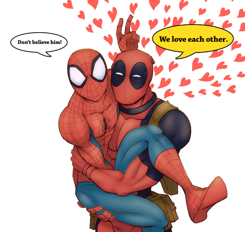 2boys bunny_ears_gesture carrying deadpool english english_commentary english_text heart male marvel mask multiple_boys princess_carry spider-man spider-man_(series) v_(bunny_ears) yaoi