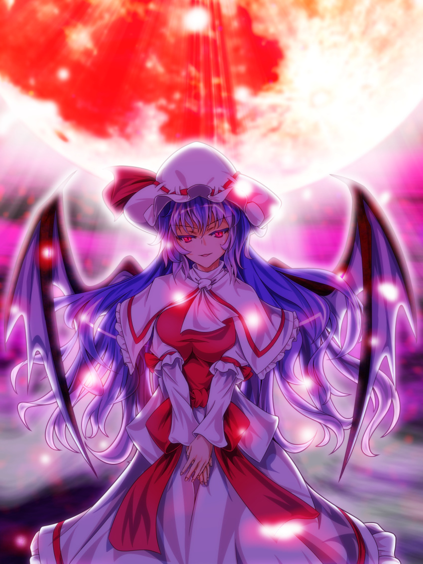 1girl alternate_breast_size alternate_hair_length alternate_hairstyle bonnet capelet highres long_hair moon open_mouth purple_hair red_eyes red_moon remilia_scarlet touhou wings zephid