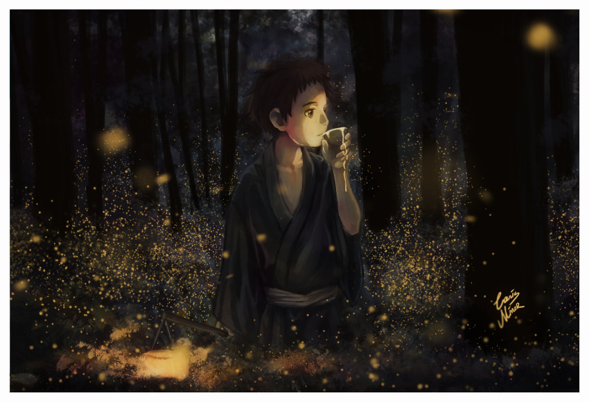 1boy artist_name brown_eyes brown_hair canis_minor cup drinking glowing holding lantern light_particles mushishi night original signature solo standing tree