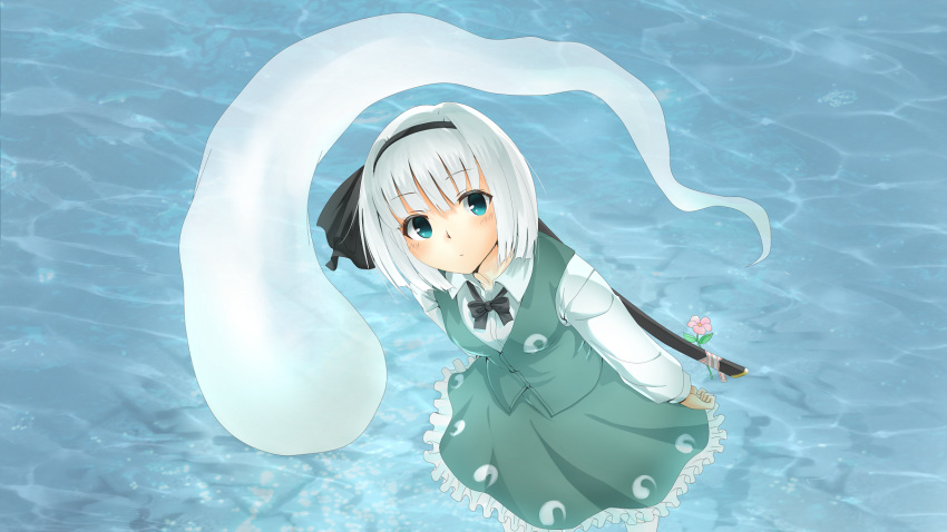 1girl aqua_eyes black_bow collared_shirt flower from_above green_vest hair_ribbon hairband highres katana kawama_hidesuke konpaku_youmu konpaku_youmu_(ghost) leaning_forward long_sleeves looking_at_viewer looking_up neck_ribbon ribbon sheath sheathed shirt shoes short_hair silver_hair solo sword touhou vest wallpaper water weapon white_legwear white_shirt