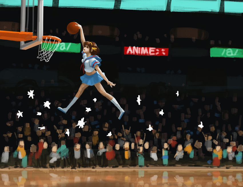 1girl basketball basketball_court basketball_hoop brown_hair crowd doyora dunk jumping kneehighs short_hair skirt solo_focus suzumiya_haruhi suzumiya_haruhi_no_yuuutsu