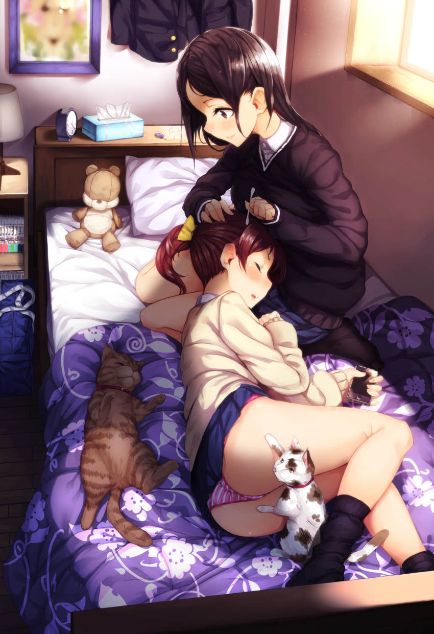 2girls absurdres ass bed blacan bow brown_eyes brown_hair cat cellphone closed_eyes cotton_swab ear_cleaning hair_bow highres lap_pillow long_hair lying multiple_girls on_bed on_side original panties phone ponytail redhead school_uniform skirt smartphone socks striped striped_panties stuffed_animal stuffed_toy sweater teddy_bear tissue_box underwear