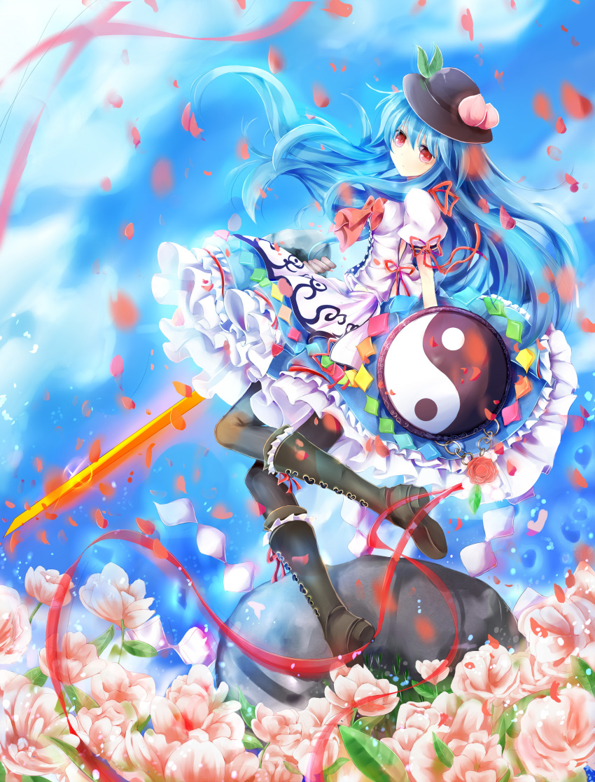 1girl absurdres blue_hair blue_sky boots bow chain clouds dress field flower flower_field food frilled_dress frilled_shirt frills frown fruit gensoukyou hat highres hinanawi_tenshi keystone long_hair looking_at_viewer pantyhose peach petals red_eyes ribbon scarlet_weather_rhapsody shield shoes short_sleeves sky solo sword sword_of_hisou touhou vivian_(lancerhd) weapon yin_yang