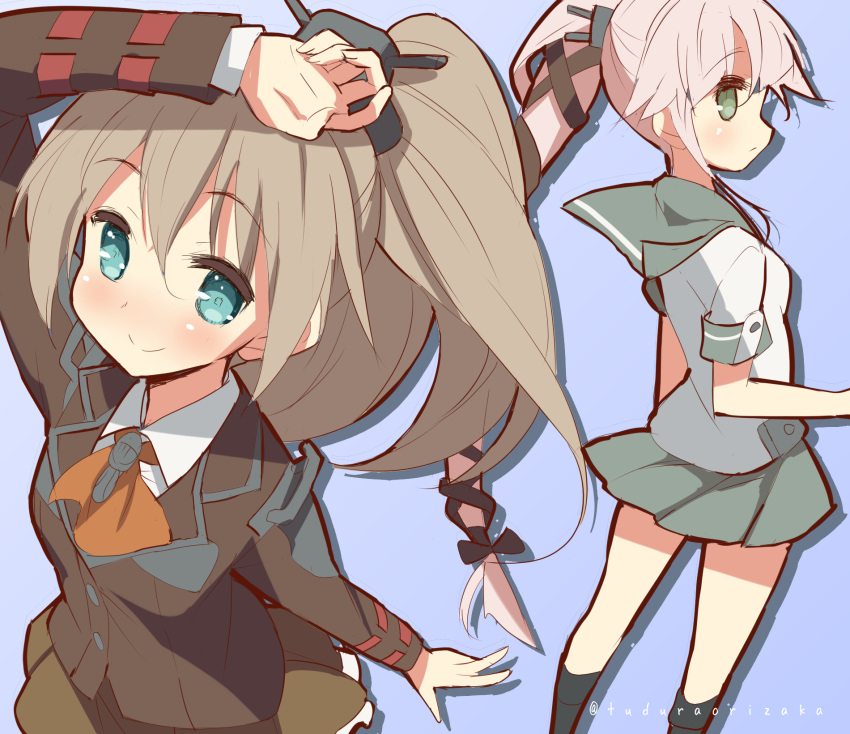 2girls 9law aqua_eyes brown_hair green_eyes hair_ornament hair_ribbon highres kantai_collection kumano_(kantai_collection) long_hair multiple_girls personification ponytail purple_hair ribbon school_uniform serafuku skirt smile yura_(kantai_collection)