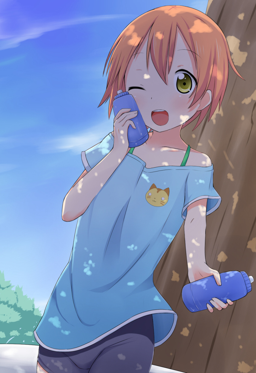 1girl bare_shoulders bike_shorts blue_sky bottle bra brown_hair can_to_cheek cat_print clouds collarbone commentary_request dappled_sunlight green_bra highres hoshizora_rin looking_at_viewer love_live!_school_idol_project makuran off_shoulder open_mouth outstretched_arm outstretched_hand shirt short_sleeves sky smile soda solo tree underwear wink yellow_eyes