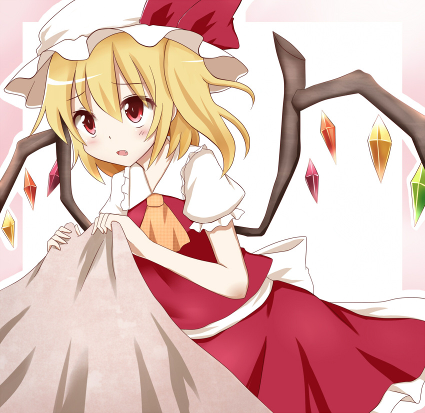 1girl :o ascot bed_sheet blonde_hair fang flandre_scarlet frilled_skirt frills hachimi hat hat_ribbon highres mob_cap puffy_short_sleeves puffy_sleeves red_eyes ribbon sheet_grab short_hair short_sleeves side_ponytail skirt touhou wings