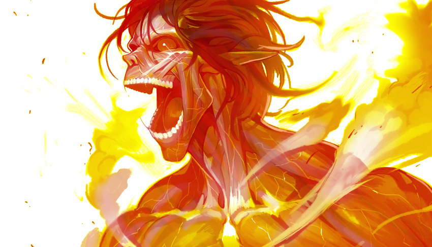 1boy exposed_muscle glowing_lines heat highres ladic messy_hair open_mouth red_eyes roaring rogue_titan shingeki_no_kyojin smoke solo teeth white_background white_pupil