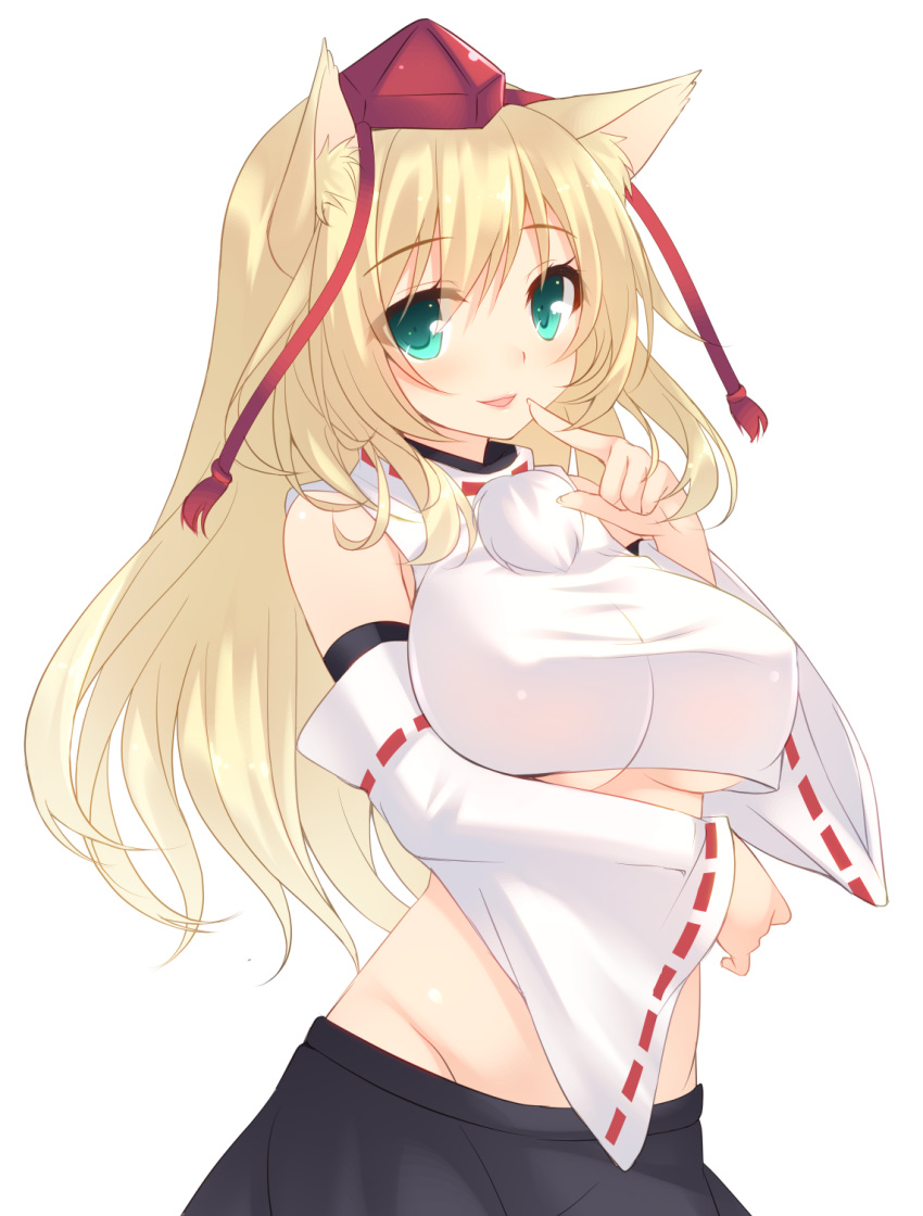 1girl animal_ears atago_(kantai_collection) blonde_hair blush breasts cosplay detached_sleeves green_eyes hat highres inubashiri_momiji inubashiri_momiji_(cosplay) kantai_collection large_breasts long_hair looking_at_viewer miko_92 simple_background skirt solo tokin_hat touhou under_boob white_background wolf_ears