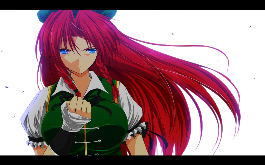 1girl backlighting blue_eyes braid breasts bust dress fingerless_gloves gloves green_dress hat highres hong_meiling large_breasts letterboxed long_hair looking_at_viewer nekominase puffy_sleeves raised_fist redhead shirt short_sleeves solo touhou twin_braids very_long_hair white_gloves