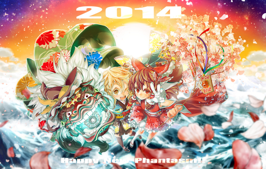 2014 2girls alternate_costume blonde_hair blurry bow braid brown_hair cherry_blossoms depth_of_field detached_sleeves dragon floral_print flower hair_bow hair_tubes hakurei_reimu happy_new_year hat headwear_removed highres hokuto_(scichil) horse japanese_clothes kimono kirisame_marisa long_hair mountain multiple_girls petals red_eyes ribbon sky slippers star sunrise thigh-highs touhou v witch_hat yellow_eyes