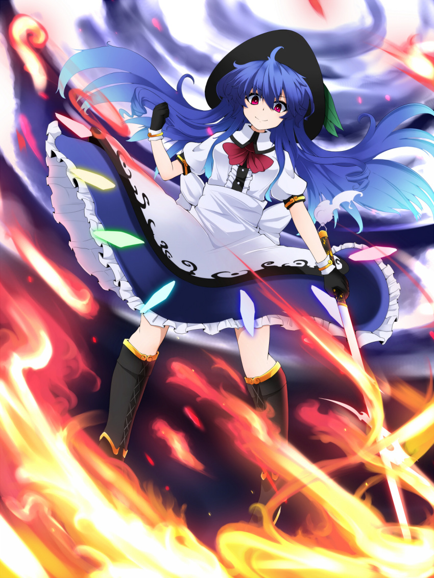 1girl blue_hair boots bow clouds dress fire gensoukyou gloves hat highres hinanawi_tenshi long_hair looking_at_viewer red_eyes rihito_(usazukin) scarlet_weather_rhapsody shoes short_sleeves smile solo sword_of_hisou touhou weapon