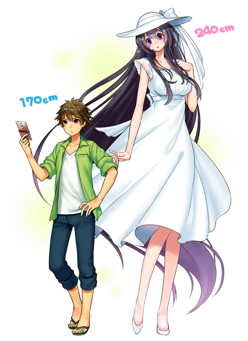 1boy 1girl 2ch absurdly_long_hair black_hair blush breasts brown_eyes brown_hair dress giantess hasshaku-sama hat height_difference highres ko-on_(ningen_zoo) large_breasts long_hair open_mouth sandals short_hair tall very_long_hair violet_eyes