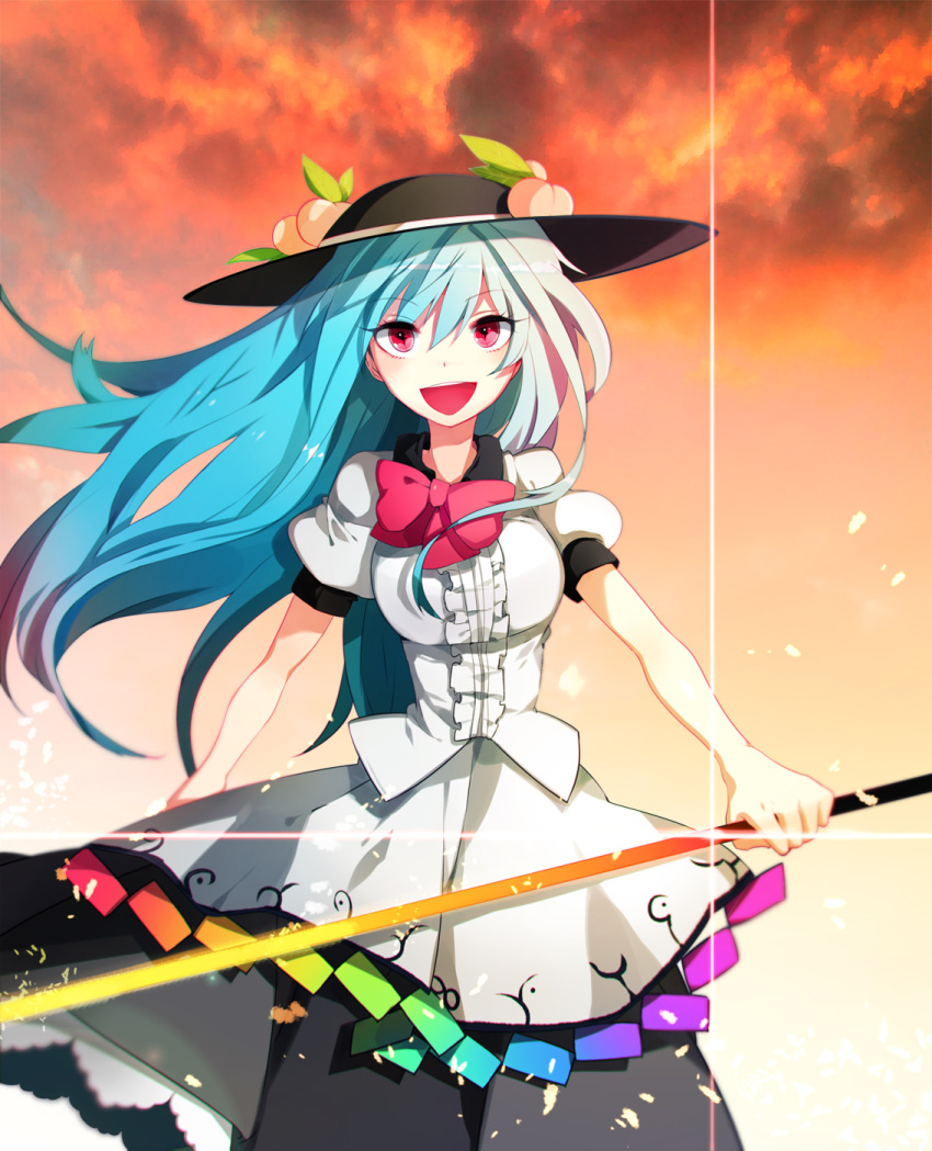 1girl blue_hair bow breasts dasulchan dress food fruit hat highres hinanawi_tenshi long_hair open_mouth peach red_eyes scarlet_weather_rhapsody short_sleeves sky solo sword_of_hisou touhou