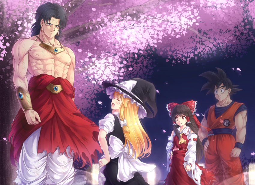 2boys 2girls apron black_hair blonde_hair blush bow bracelet broly brown_eyes brown_hair chintara crossover detached_sleeves dragon_ball dragon_ball_z dress earrings hair_bow hair_ribbon hair_tubes hakurei_reimu hand_on_hip happy hat japanese_clothes jewelry kirisame_marisa long_hair miko multiple_boys multiple_girls muscle necklace open_mouth puffy_sleeves ribbon short_hair short_puffy_sleeves size_difference smile son_gokuu spiky_hair torn_clothes touhou witch_hat