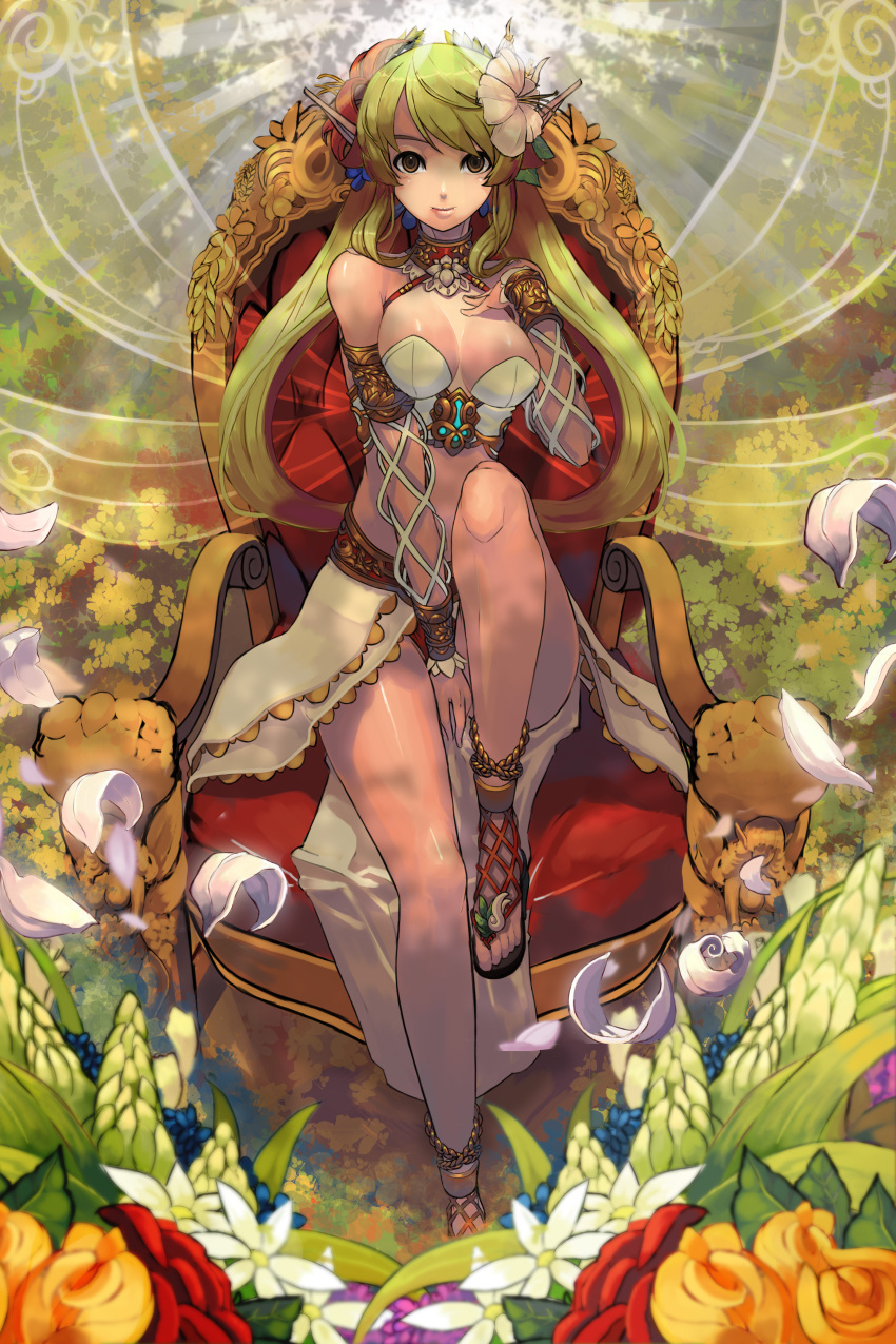 1girl absurdres bare_shoulders breasts brown_eyes chair flower green_hair hair_flower hair_ornament highres legs long_hair looking_at_viewer original pointy_ears qbspdl sitting smile solo toes